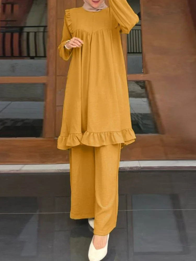 Ramadan Eid Muslim Two Piece Set Shirt &Pants Women Suits Shirt Blouse Musulman Ensembles Moroccan Kaftan 2025 Dress Sets