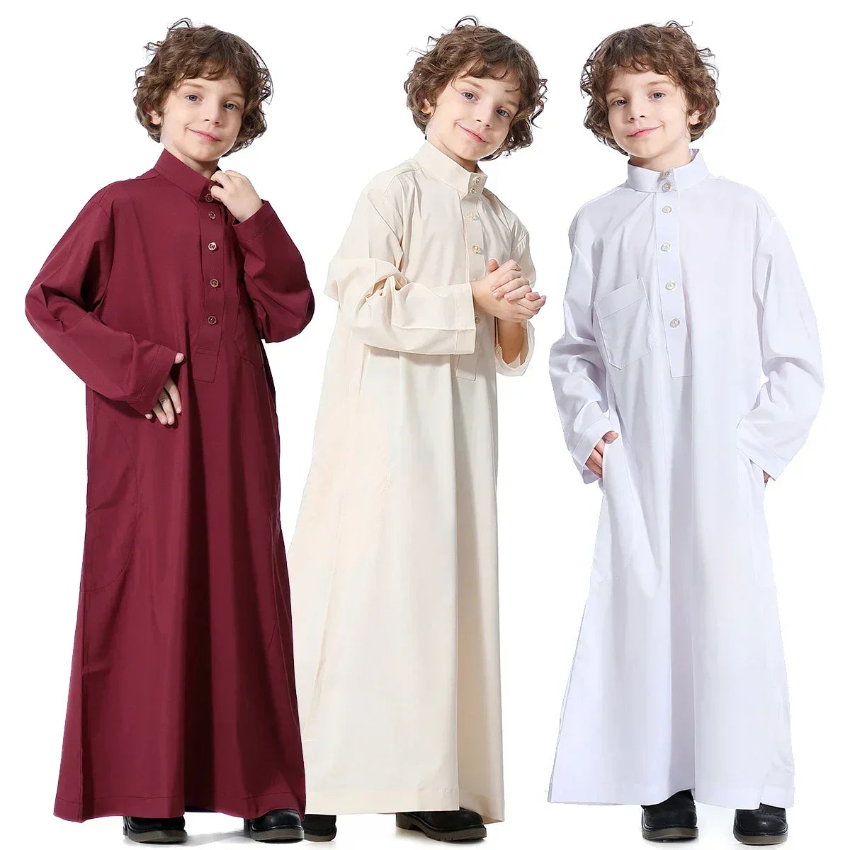 Solid Stand Collar Boys Kids Islamic Muslim Juba Kaftan Robe Arabian Dubai Qatar Children Long Dress Singel-Breasted Abaya Robe