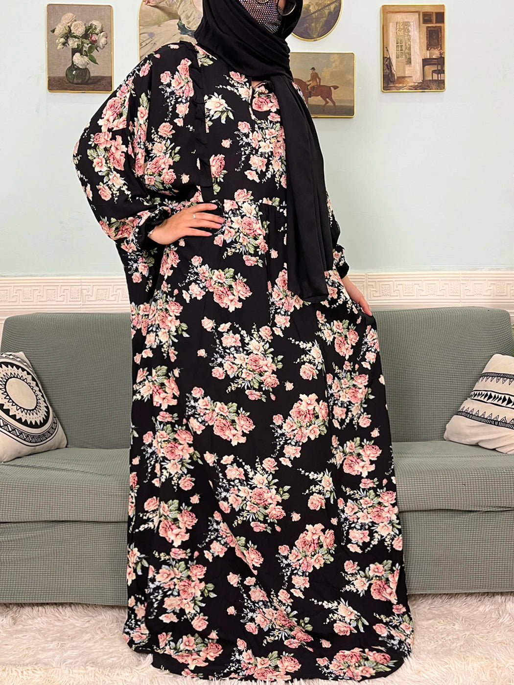 Muslim Traditional Ramadan Abayas For Women's Prayer Garment Cotton Printed Floral Boubou Loose Femme Robe Connected Headscarf