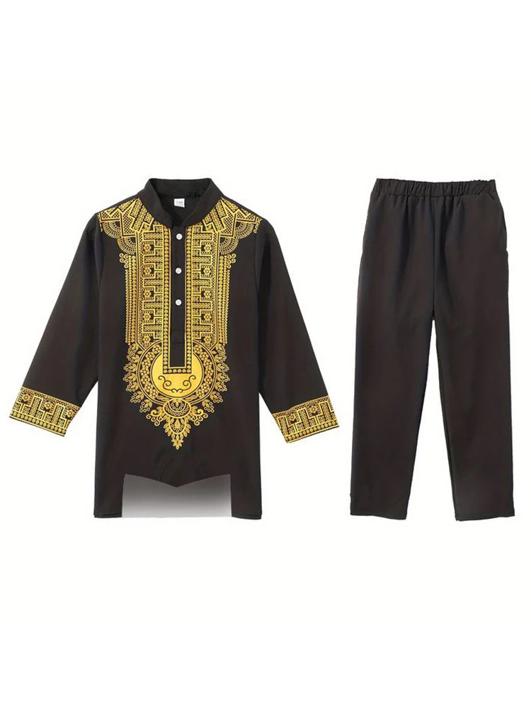 Muslim Robe Navy Blue Long-Sleeved Trousers The Traditional Dress of Arab Men 3D Pattern Printing Black White Yellow