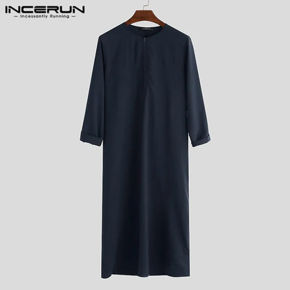 INCERUN Men Muslim Arabic Kaftan Islamic Long Sleeve Abaya Robes Solid Color Saudi Arabia Dress Jubba Thobe Men Clothing S-5XL