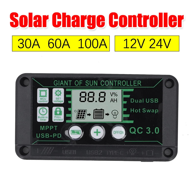 Waterproof MPPT Solar Charge Controller 10/20/30/40/50/80/90/100A 12V/24V Dual USB Auto Display Solar Panel Regulator Controller