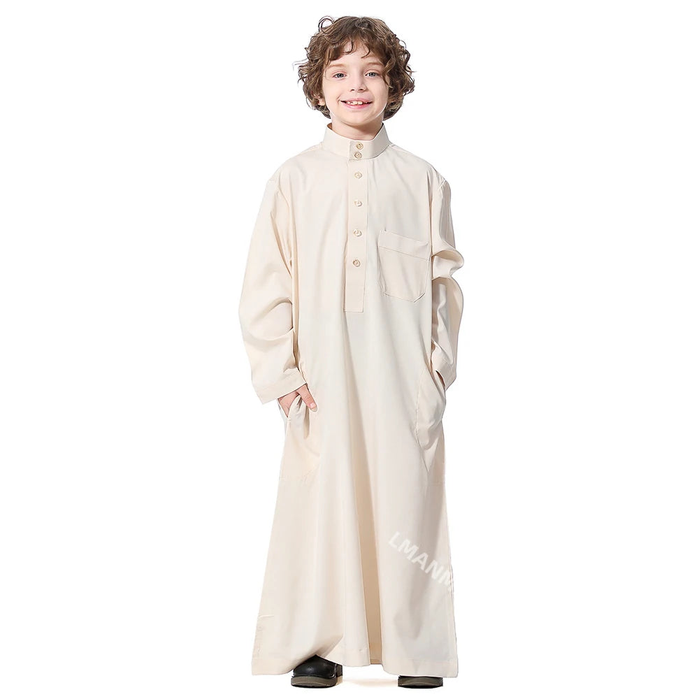 Solid Stand Collar Boys Kids Islamic Muslim Juba Kaftan Robe Arabian Dubai Qatar Children Long Dress Singel-Breasted Abaya Robe