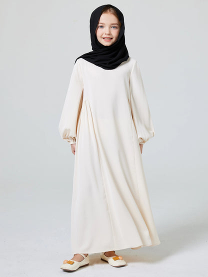 Ramadan Girl Abaya Muslim Elegant Solid Crew Neck Long Sleeve Kaftan Kids Dress For Pray Party