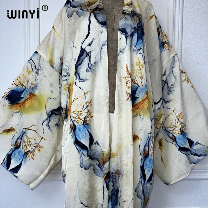 WINYI 2024 High-quality Double-sided Print Silk feel Dress Beach Wear Boho Cardigan abaya women muslim dress Long Sleeve Kimono