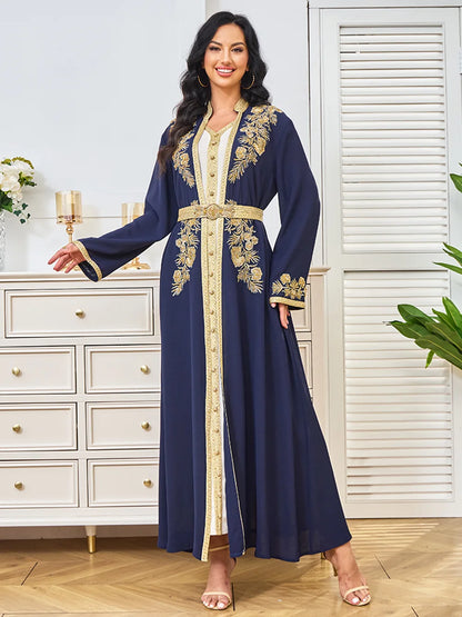 Traditional Algerian Kaftan for Women, Dubai Moroccan Arabic Dress Takchita 2 Piece Set with Belt, Party Turkish Caftan, Ramadan