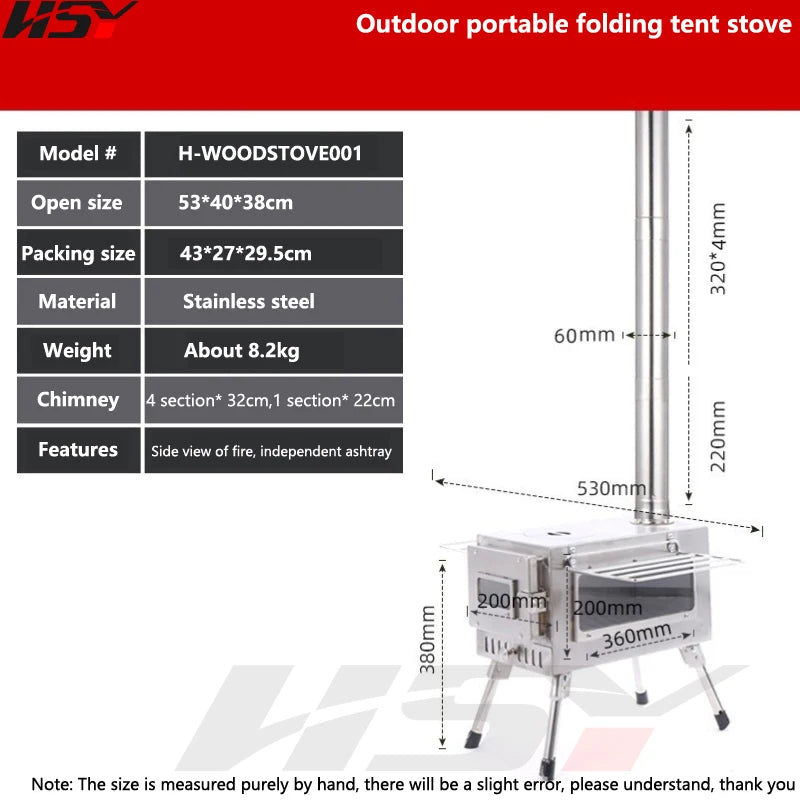 Stainless Steel Folding Heating Tent Stove, Outdoor Camping, Firewood Stove, Picnic Fire Stove with Window