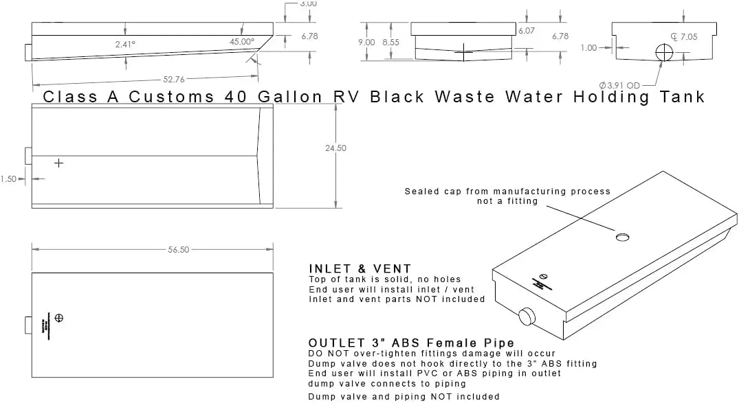 40 Gallon RV Waste Black Water Holding Tank WT-4000 Used in RV’s Campers Trailers Motorhomes using Medium Density Polyethylene