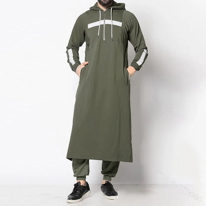 Mens Muslim Middle Eastern Islamic Arabic Clothing Vintage Loose Striped Long Sleeve Drawstring Pockets Full Length Hooded Robe