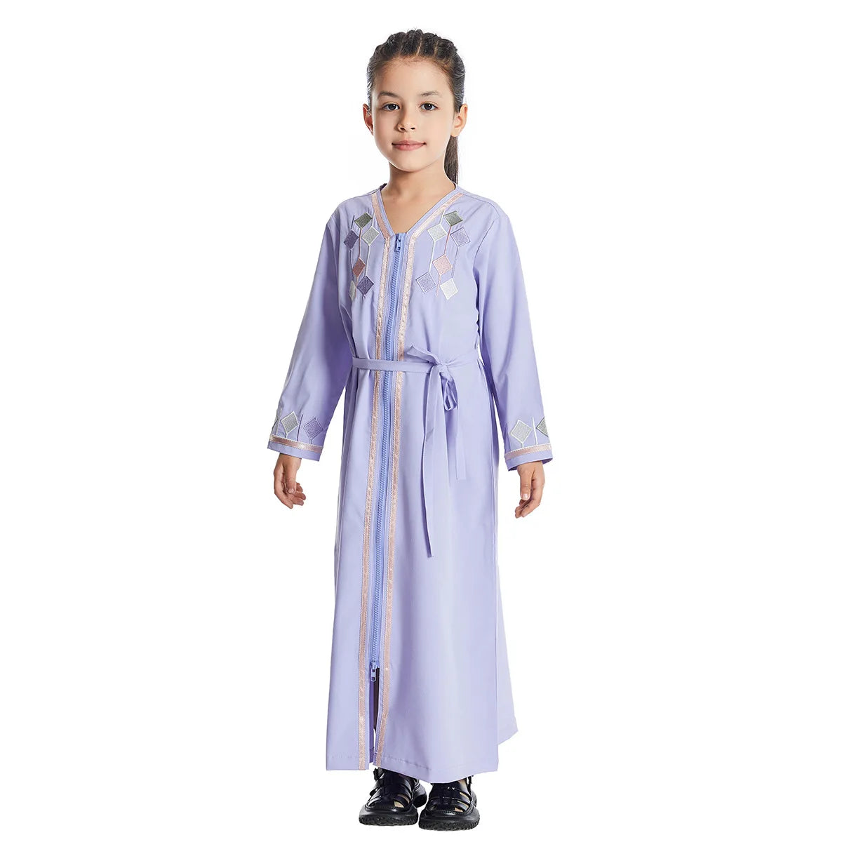 Moroccan Eid Muslim Kids Abaya Girls Embroidery Zipper Long Sleeve Maxi Dress Arabic Kaftan Robes Islamic Party Prayer Clothing