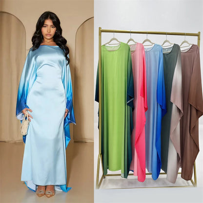 Gradient Batwing Butterfly Sleeve Satin Abaya Dubai Luxury Muslim Kaftan Dress For Women Kebaya Caftan Marocain Femme Vestidos