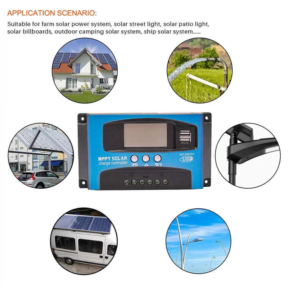 MPPT Solar Charge Controller 12V 24V Solar Panel Battery Charger 30A 40A 50A 60A 100A Dual USB LCD Display  Regulator with Load