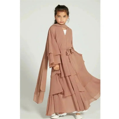 Chiffon Muslim Abaya Kids Open Abaya Girls Islamic Dresses Prayer Clothing for Children Long Robe Ramadan 2025 Clothes