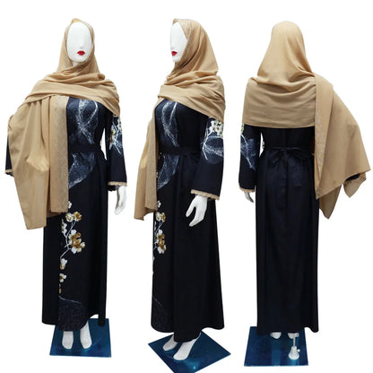 2pcs Set Flowers Printed Dress with Sash Belt Abaya Hijab Veil Fashion Diamonds Robe Muslim Lace Trimming Kaftan Women Long Gown