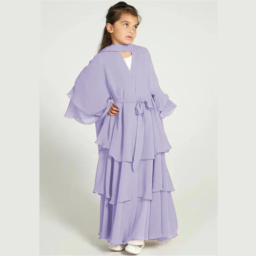 Chiffon Muslim Abaya Kids Open Abaya Girls Islamic Dresses Prayer Clothing for Children Long Robe Ramadan 2025 Clothes