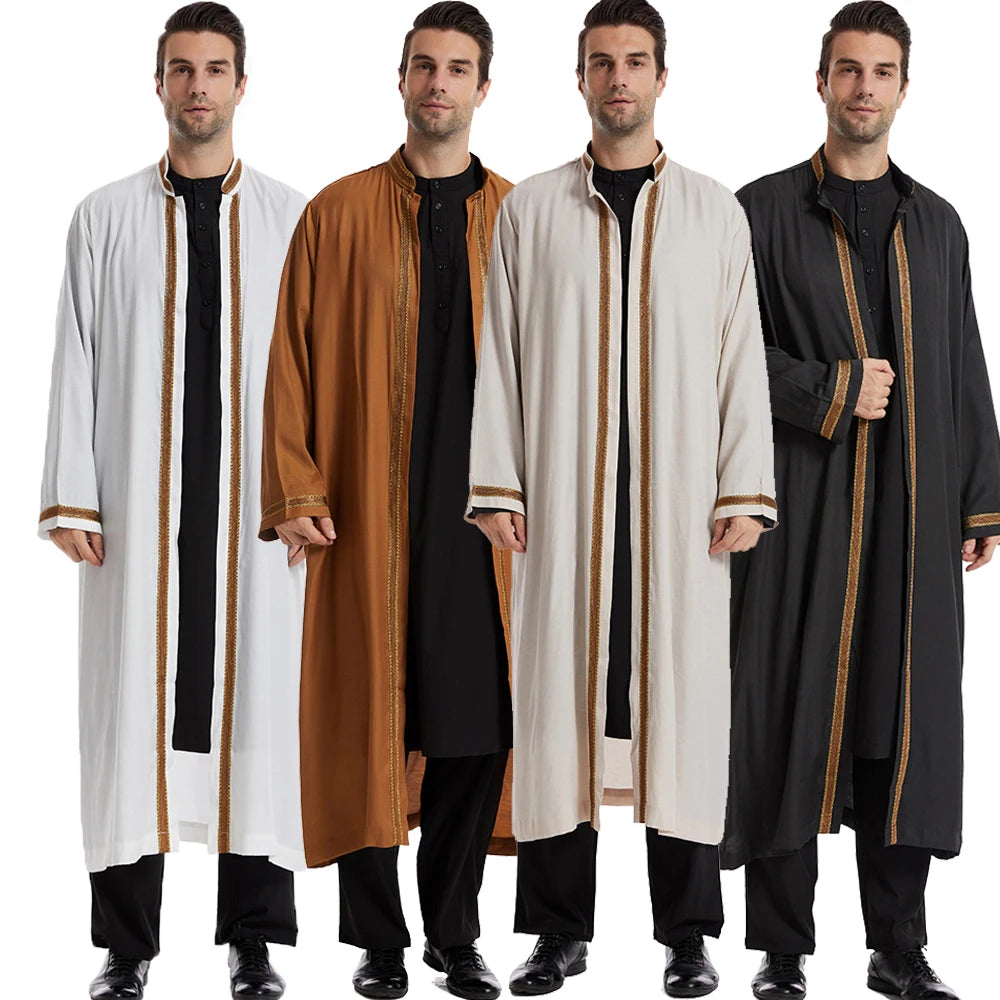 Men Open Abaya Muslim Saudi Jubba Thobe Islamic Clothing Ramadan Kimono Long Sleeve Robe Caftan Dubai Stand Collar Arabic Dress