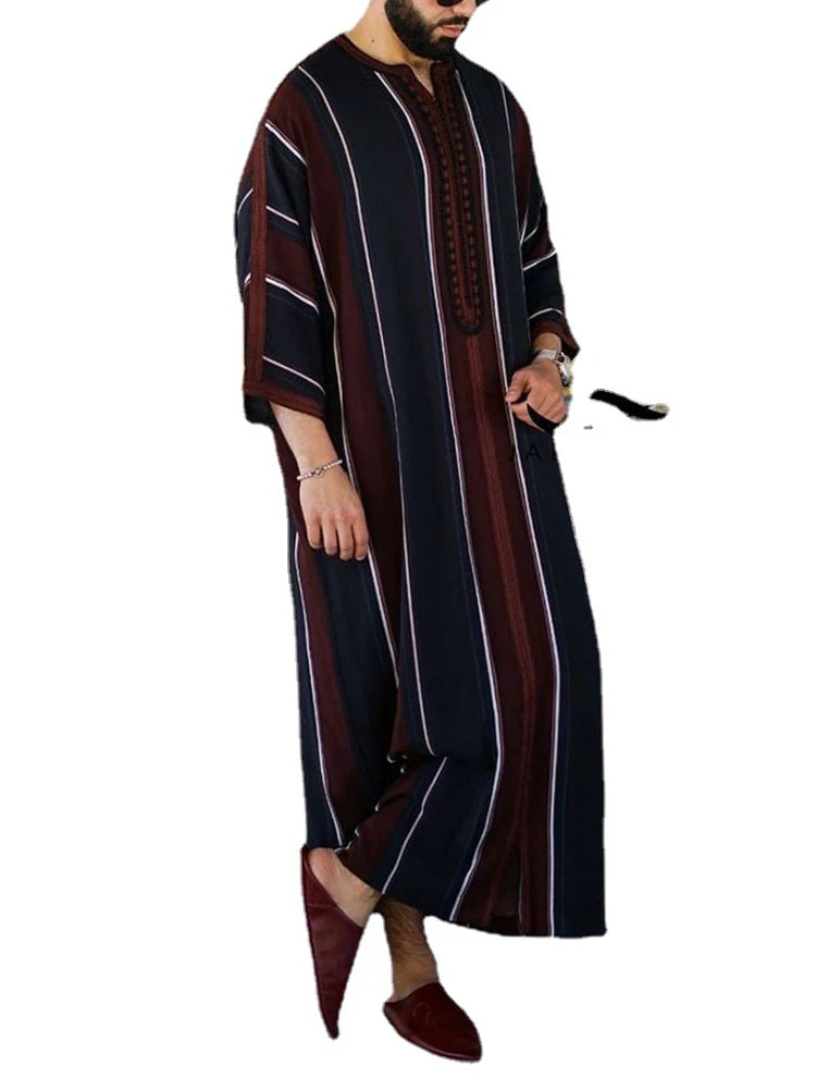 Men Vintage Abaya Arabic Muslim Long Robes Islamic Clothing Loose Shirt Jubba Thobe Stripe Saudi Arab Middle East Muslim Dresses