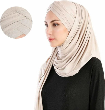 Women Turban Jersey Hijab Lightweight Soft Forehead Cross Instant Hijab Shawls and Wraps Muslim Stretch Head Scarf