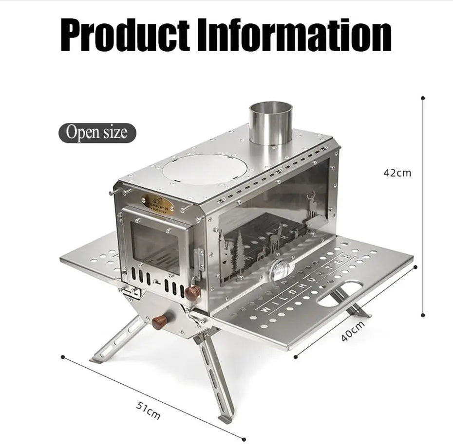 Camping Firewood Stove Outdoor Tent Heating Stove Picnic Cooking wood Stove with Chimney Furnace