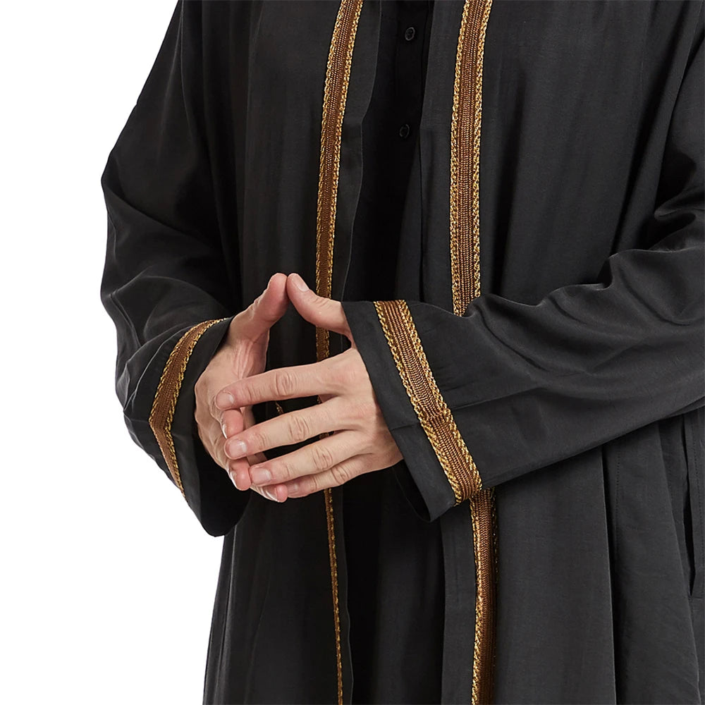 Men Open Abaya Muslim Saudi Jubba Thobe Islamic Clothing Ramadan Kimono Long Sleeve Robe Caftan Dubai Stand Collar Arabic Dress