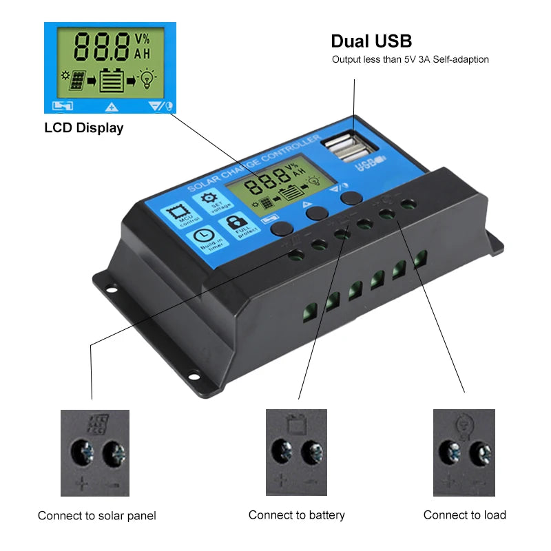 Energy Solar Controller Dual USB 5V Output LCD Display PWM Battery Charger 10A/12V/24V Solar Panel Charge and Discharge