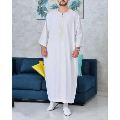 New 2025 Arab Men's Robe Abaya White Muslim Printed Clothing Men's Robe Long Dress Abaya Muslim Clothes for Men Gift Kaftan Men