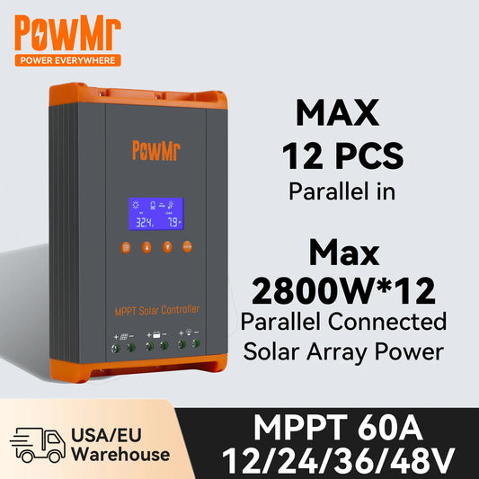 PowMr 60A MPPT Solar Charge Controller Parallel Connected Solar Power Array Controller 12V 24V 36V 48V Auto