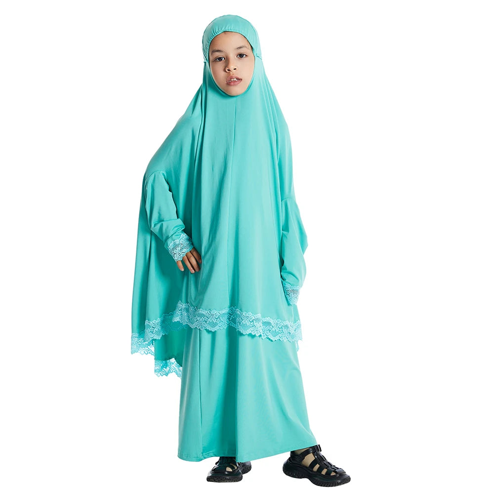 2 Piece Set Prayer Garment Lace Dress Muslim Kids Girls Abaya Gowns Overhead Hijab Long Khimar Ramadan Skirt Arab Clothes Niqab