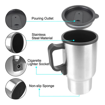 Camping Travel Kettle Water Coffee Milk Thermal Mug Vehicle Heating Cup Electric Heating Car Kettle 12V 450ml Stainless Steel