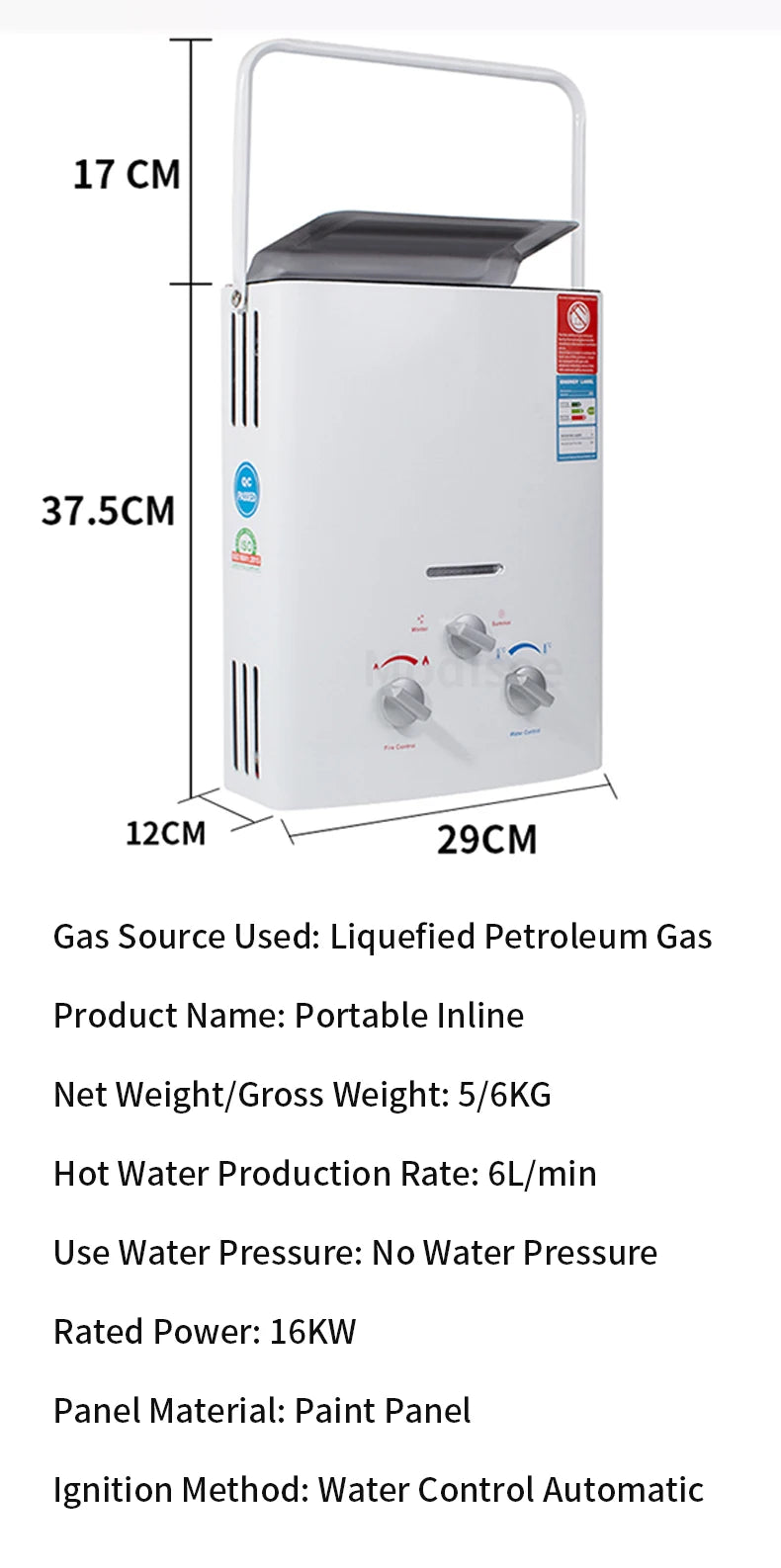 6L Liquefied Petroleum Gas Tankless Water Heater Outdoor Camping Instant Bath With Shower Hot Water Heater Boiler Car Truck Tent