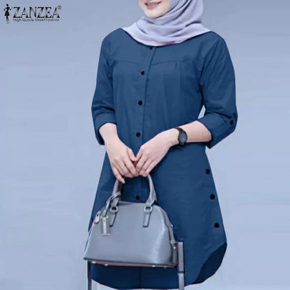 ZANZEA Fashion Abaya Muslim Blouse Woman Casual Holiday Baggy Shirt Long Sleeve O-Neck Tops Elegant Solid Islamic Clothing 2024