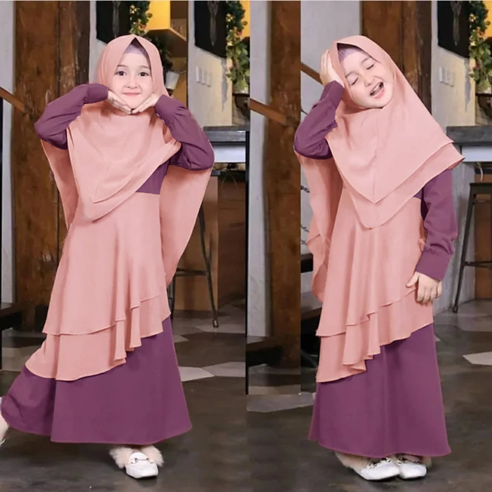 2Pcs Muslim Kids Hijab Dresses Abaya Set Islamic Children Ramadan Prayer Burka Arab Girls Khimar Headscarf Niqab Kaftan Clothing