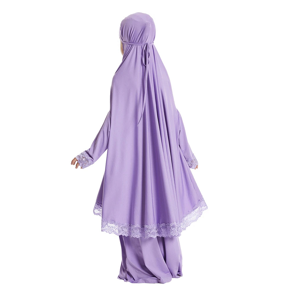 2 Piece Set Prayer Garment Lace Dress Muslim Kids Girls Abaya Gowns Overhead Hijab Long Khimar Ramadan Skirt Arab Clothes Niqab