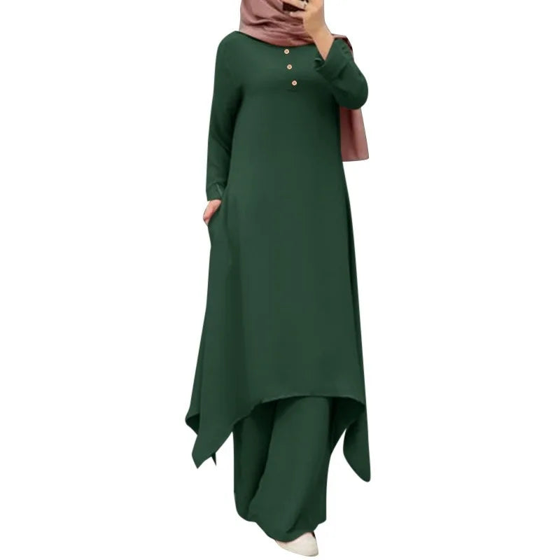 Traf Muslim Pants Suit Women Long Sleeve Blouse Abaya Loose Matching 2-pc Set Solid Bottoming Shirts Fashion Clothing StreetWear