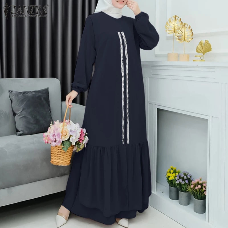 ZANZEA Ruffled Hem Lace Panels Abaya Robes Autumn Muslim Women O Neck Maxi Dress Islamic Hijab Loose Casual Long Sleeve Vestidos