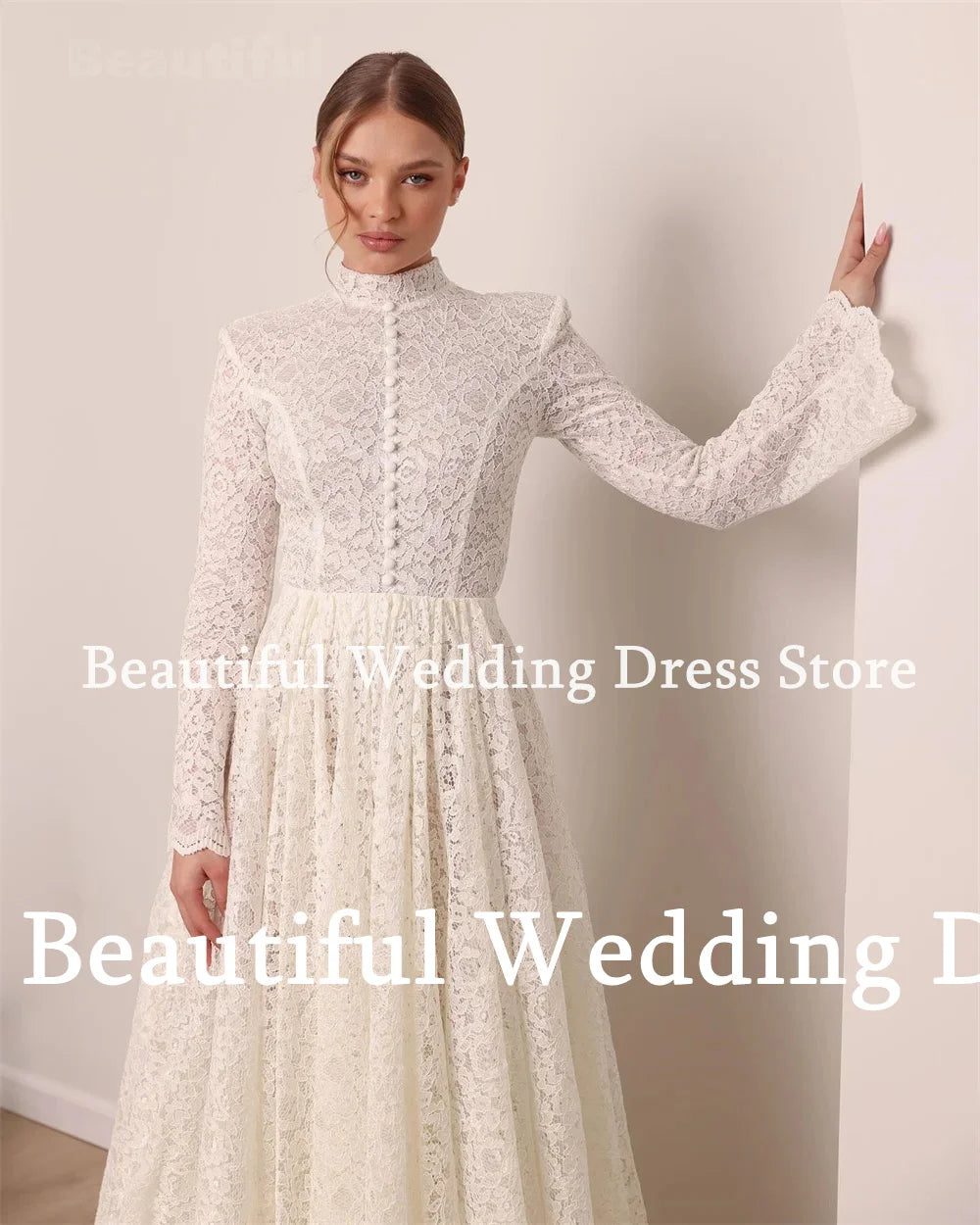 New Muslim Wedding Dress Lace High Neck Long Sleeves A-Line Floor-Length Bridal Dress Vestidos de novia Arab Robes de mariée