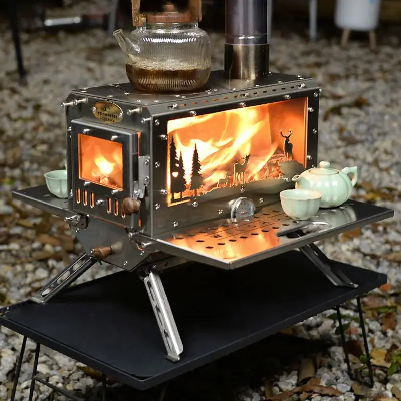 Camping Firewood Stove Outdoor Tent Heating Stove Picnic Cooking wood Stove with Chimney Furnace