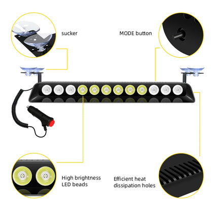 12LED Beads Car Light Police Strobe Light Emergency Suction Cup Warning Light 14 Flash Mode For Truck SUV with Cigarette Lighter