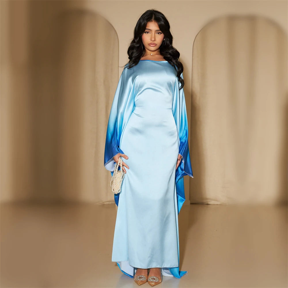 Gradient Batwing Butterfly Sleeve Satin Abaya Dubai Luxury Muslim Kaftan Dress For Women Kebaya Caftan Marocain Femme Vestidos