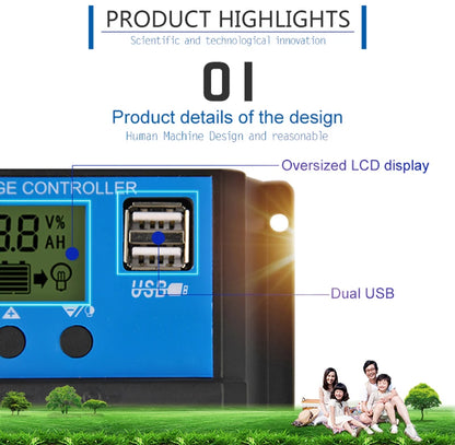 10A 20A 30A PWM Solar Charge Controller 12V/24V Solar Regulator USB 5V Panel Battery Regulator Intelligent LCD Display