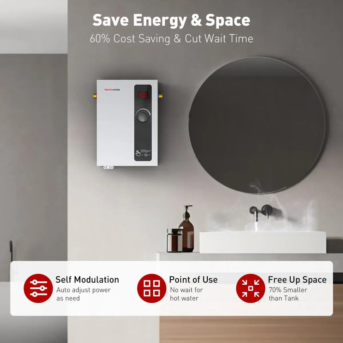 Tankless Water Heater Electric, 11kW at 240 Volt, On Demand Instant Hot Water Heater for Point of Use, Self-Modulatin