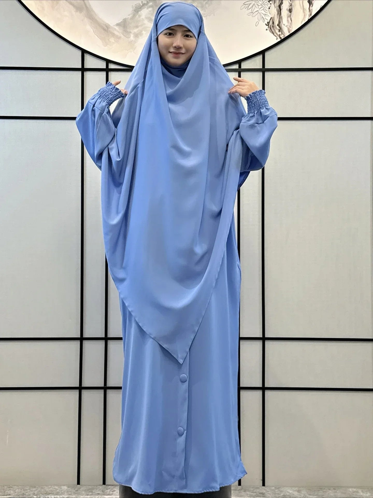 Muslim Women Prayer Dress with Khimar Hijab 2 Piece Set Eid Abaya Long Robe Headscarf Islamic Morocco Kaftan Vestidos Jalabiya