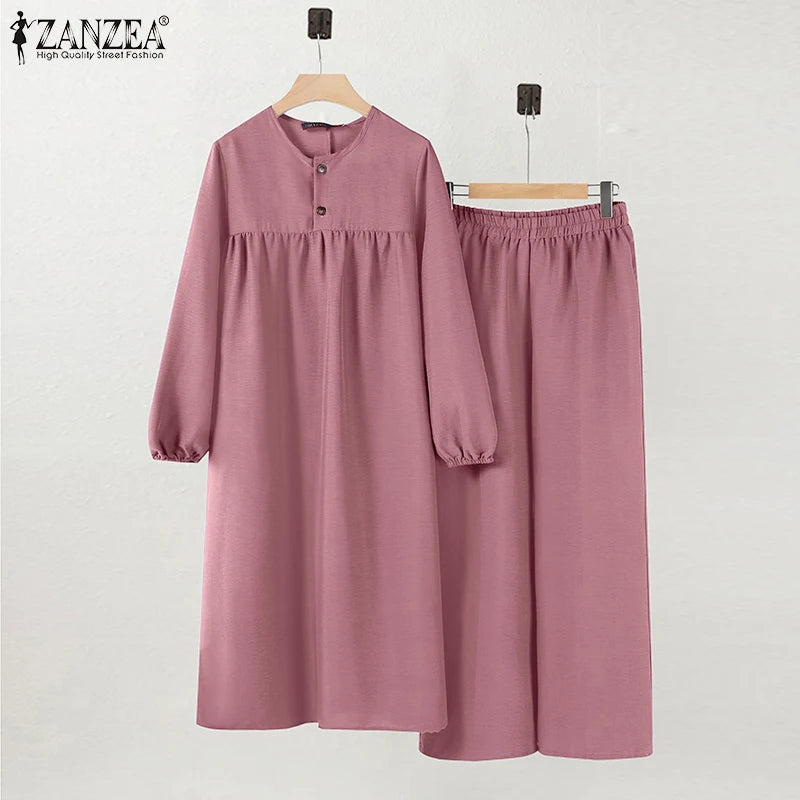 ZANZEA Women Casual Loose 2-Piece Suits Muslim Islamic Autumn Wide Leg Trouser Long Sleeve Long Blouse 2pcs Outfits Pant Sets