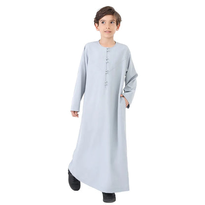 Ramadan Eid Muslim Solid Color Robe Islamic Arab Children Long Sleeve Dress Jubba Thobe Abaya Dubai Boys Clothing Turkey 2025