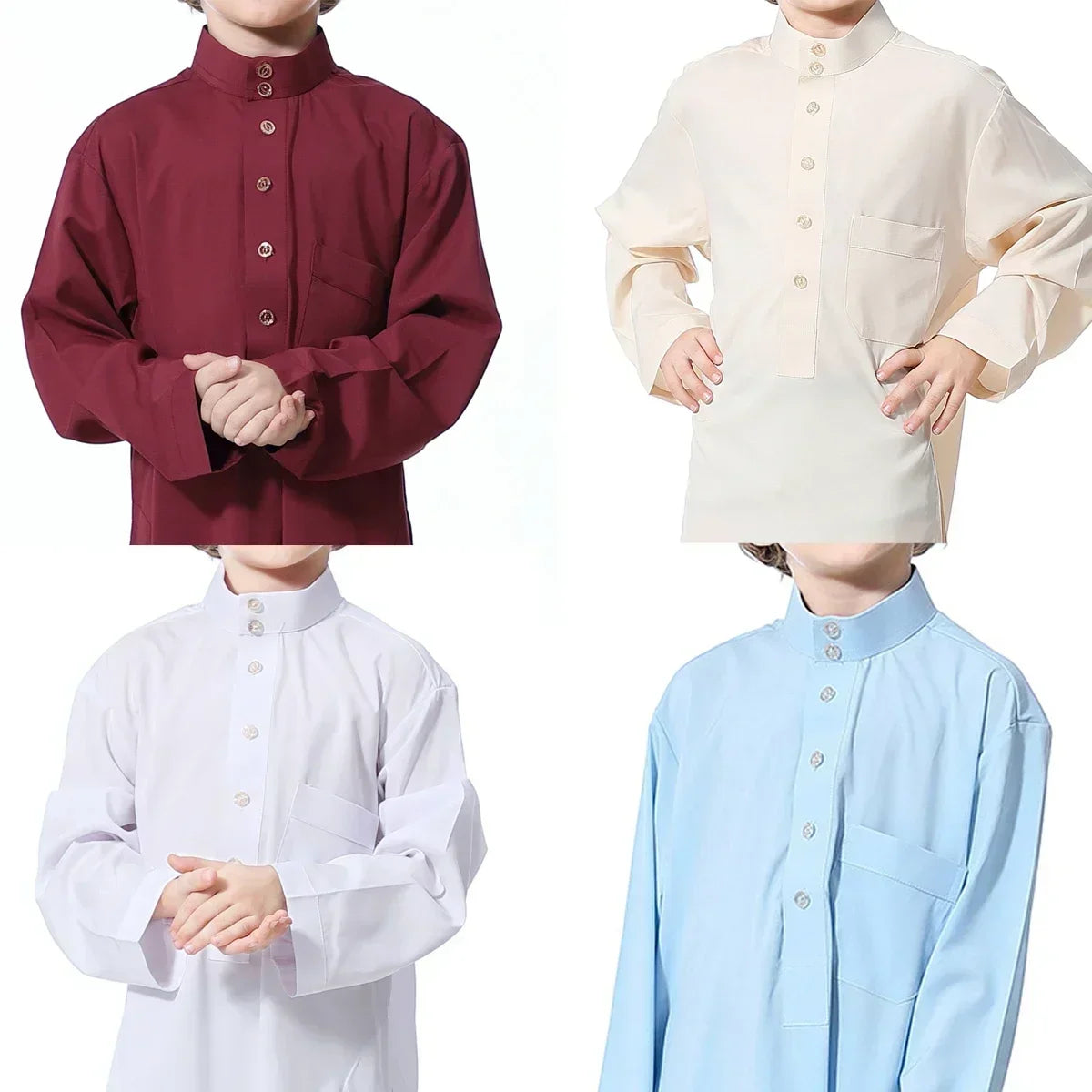 Solid Stand Collar Boys Kids Islamic Muslim Juba Kaftan Robe Arabian Dubai Qatar Children Long Dress Singel-Breasted Abaya Robe