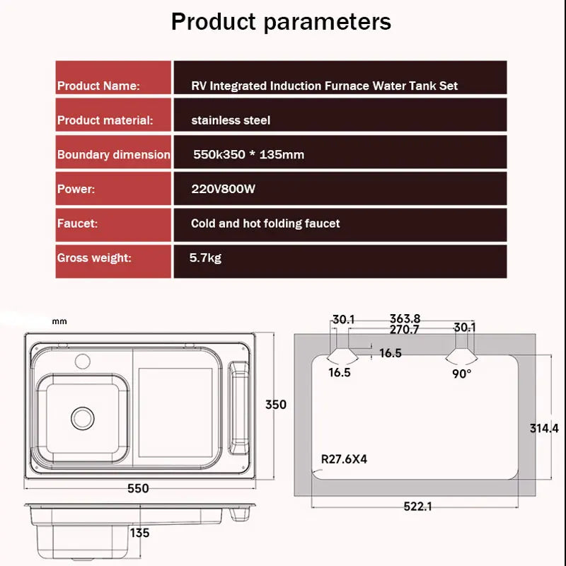 RV Stainless Steel Stove Sink And Induction Cooker Combination Unit With Tempered Glass Lid For Caravan Motorhome Yacht