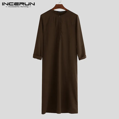 INCERUN Men Muslim Arabic Kaftan Islamic Long Sleeve Abaya Robes Solid Color Saudi Arabia Dress Jubba Thobe Men Clothing S-5XL