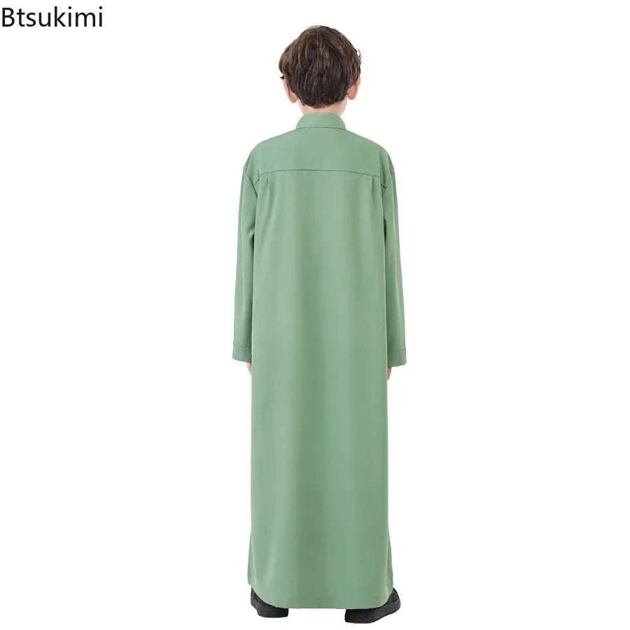 2025 Muslim Kids Jubba Thobe Solid Long Sleeve Robe Arab Islamic Clothing Middle East Teen Abaya Ramadan Kaftan Boys Robe Dress