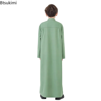 2025 Muslim Kids Jubba Thobe Solid Long Sleeve Robe Arab Islamic Clothing Middle East Teen Abaya Ramadan Kaftan Boys Robe Dress