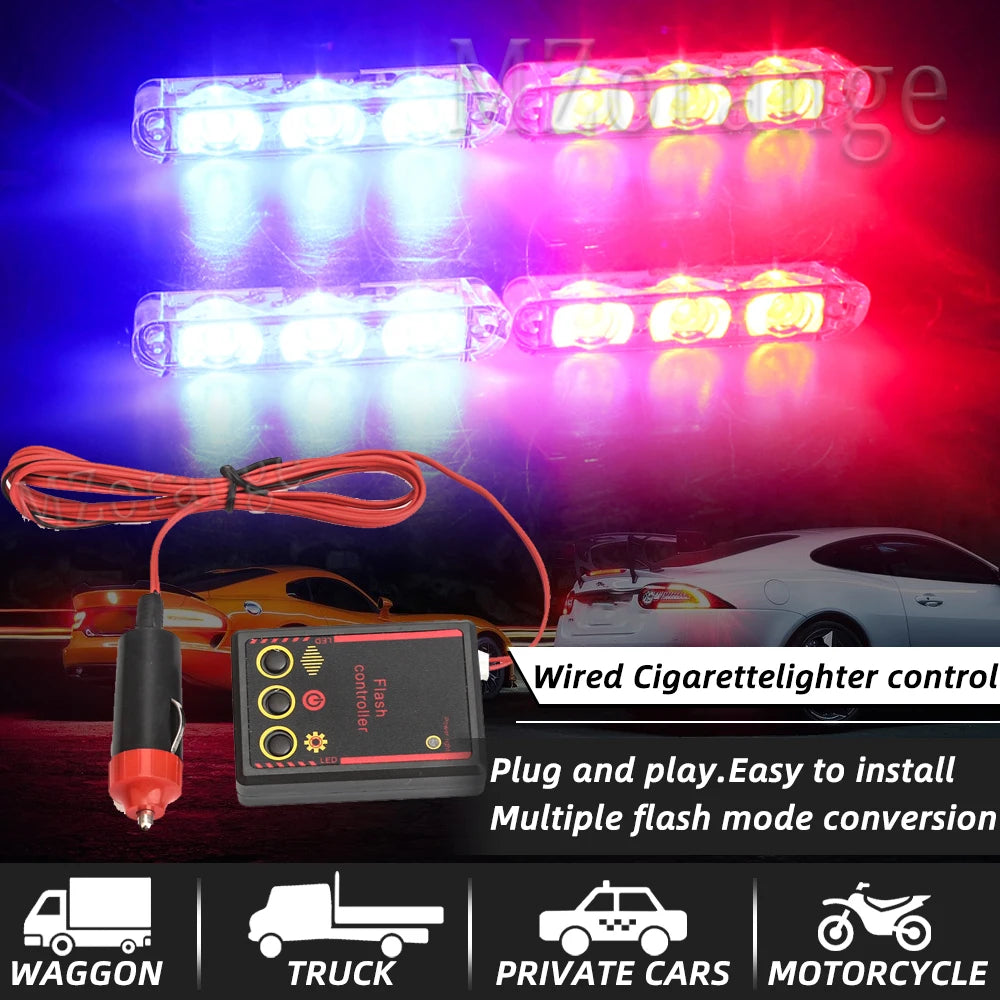 4*3 LED Police Lights for Car Led Flasher Fso Cigaretteer Grill Warning Lamp 12V Motorcycles Strobe Lights Flashlight